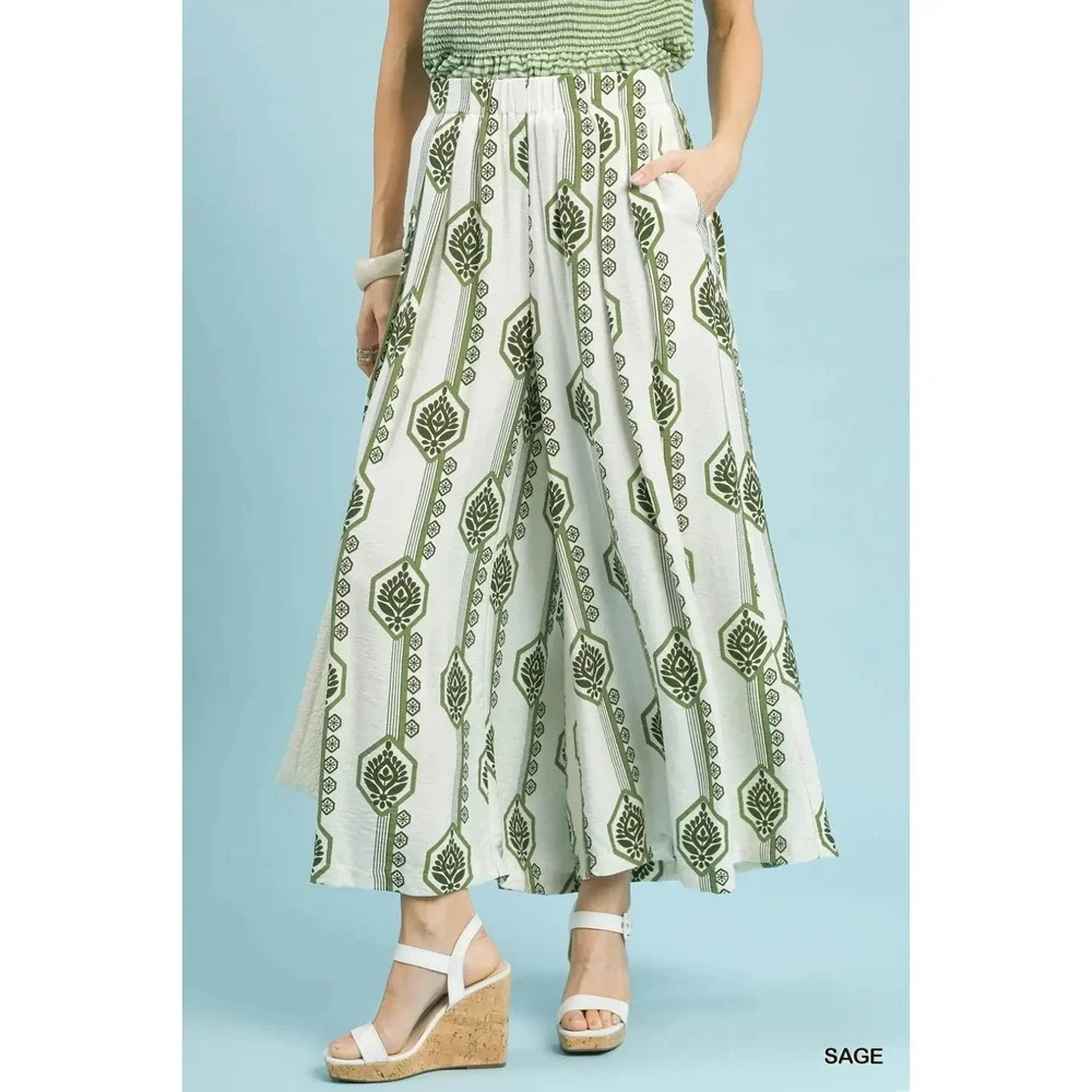 Umgee Geometric Boho Print Wide Leg Pants - Medium